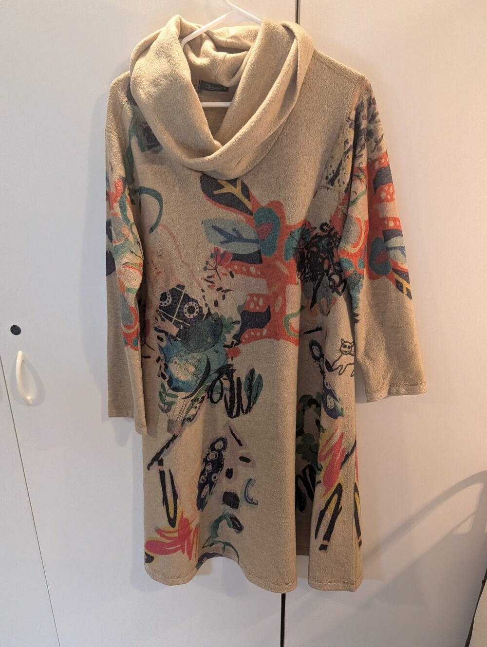 Inoah Woman's Medium  Beige Cowl Neck Floral Print Women's Sweater Dress